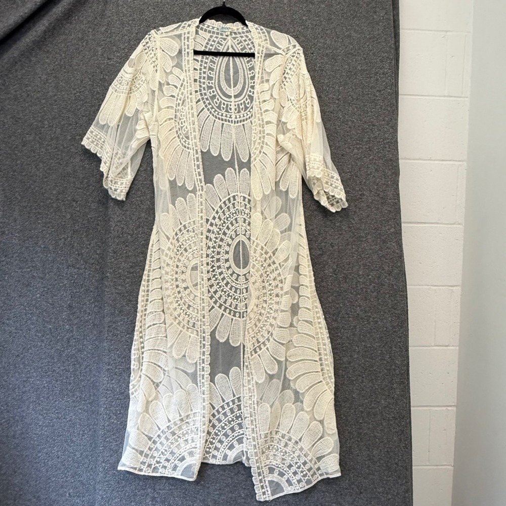Rebellion Boho Festival Lace Kimono Cardigan Womens S Cream Sheer Floral Duster